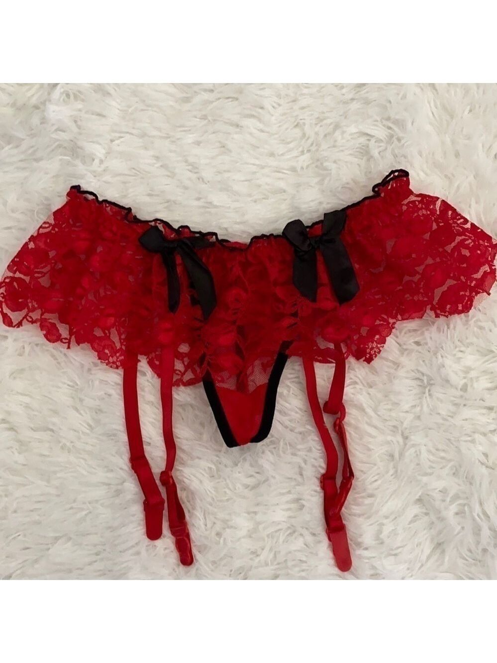 Red lace garter thong w/clips panty